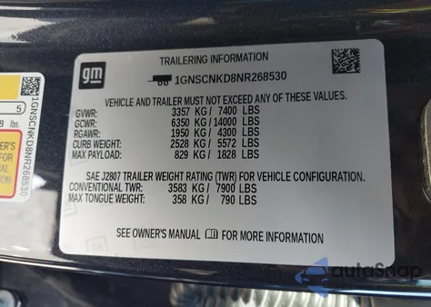 2022 Chevrolet Tahoe 2Wd Lt z USA, uszkodzony, nr VIN 1GNSCNKD8NR268530